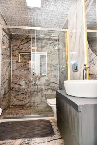 a bathroom with a shower and a toilet and a sink at Villa L Olivia 2 in Belek