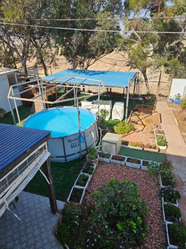an aerial view of a garden with blue umbrellas at חצבים על הואדי in Arad