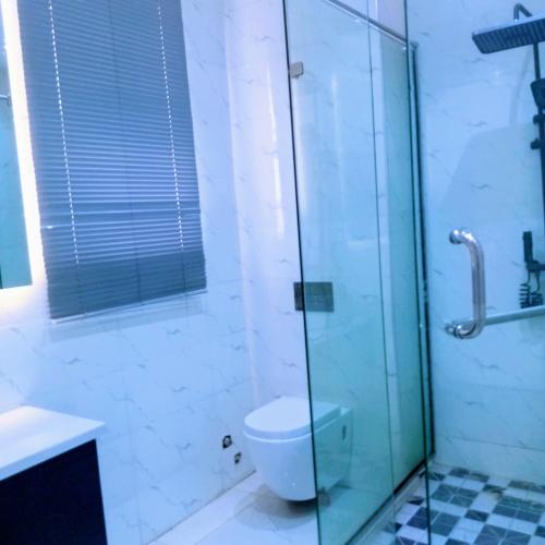 a bathroom with a toilet and a glass shower at Ifemide Estates - Luxury Homes in Akure