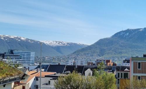 a city with snow covered mountains in the background at Central apartment in Tromsø