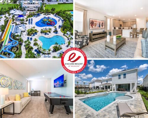 a collage of photos of the indoor pool at a resort at Cozy Home With Private Pool, Air Hockey Table Near Disney With Waterpark & Resort Access At Encore Resort - 7702Gr in Kissimmee
