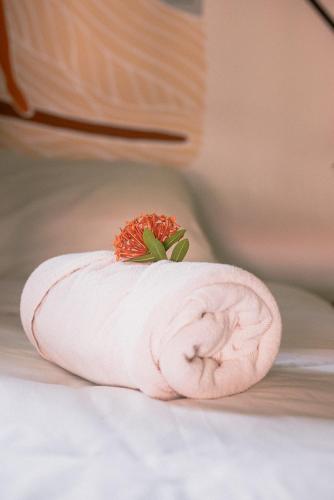 a red flower sitting on top of a towel at ESO Santa Teresa in Santa Teresa Beach