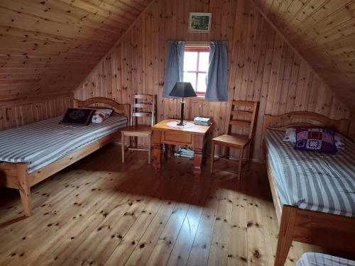 a bedroom with two beds and a desk and a window at Hænuvík Cottages in Örlygshöfn