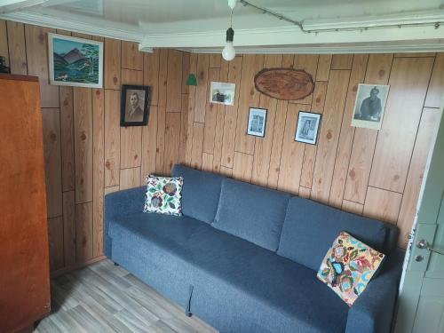 a blue couch in a room with wooden walls at Hænuvík Cottages in Örlygshöfn