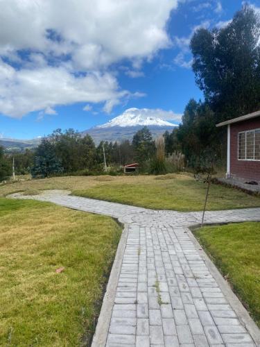 a stone path in a field with a mountain in the background at Quinta Los Ángeles in Riobamba