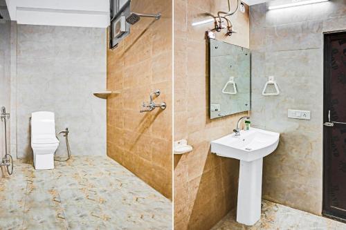 two pictures of a bathroom with a sink and a toilet at Hotel O Sangam International group of Hotels in Sūbedārganj