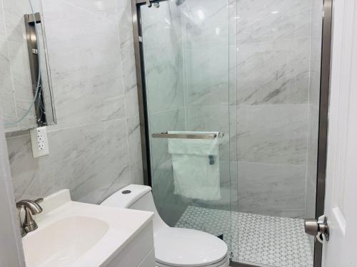 a bathroom with a shower and a toilet and a sink at dream house in Woodhaven