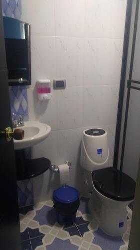 a bathroom with a toilet and a sink at Ubazhue Hospedaje Campestre in Anolaima