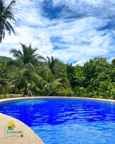 a large blue swimming pool with palm trees in the background at Lovenista Retreat and Camping Site - Tiny House 
