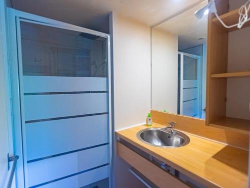 ein Badezimmer mit Waschbecken und Spiegel in der Unterkunft Chalet 6 personnes avec Terrasse - API-1-52-233 in Fenouillet