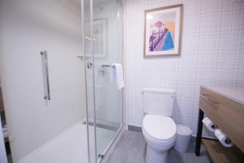 a bathroom with a toilet and a glass shower at Hampton Inn Chicago-Carol Stream in Carol Stream
