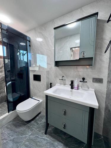 a bathroom with a sink and a toilet and a mirror at Mountain paradise Премиум дача в Чимгане in Chimgan