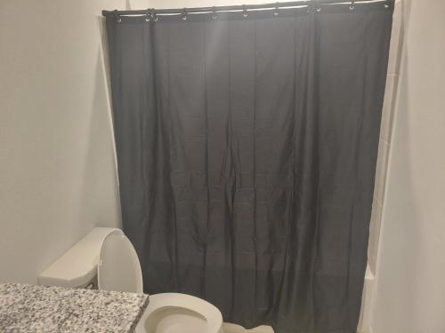 a bathroom with a shower curtain and a toilet at Brand New Home and Furniture in Dallas