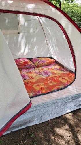 an open tent with a mattress in the back of it at Eco Camping Las Penitas in Las Peñitas