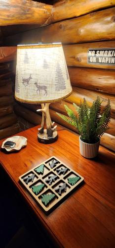 a lamp sitting on a wooden table with a plant at Cabaña English Evergreen in Jardín