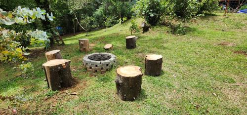 a garden with a fire pit in the grass at Cabaña English Evergreen in Jardín
