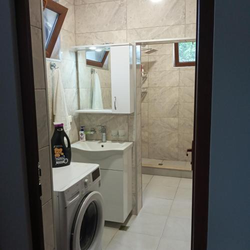 a bathroom with a washing machine and a washer at Green Side - Olegi in Batumi