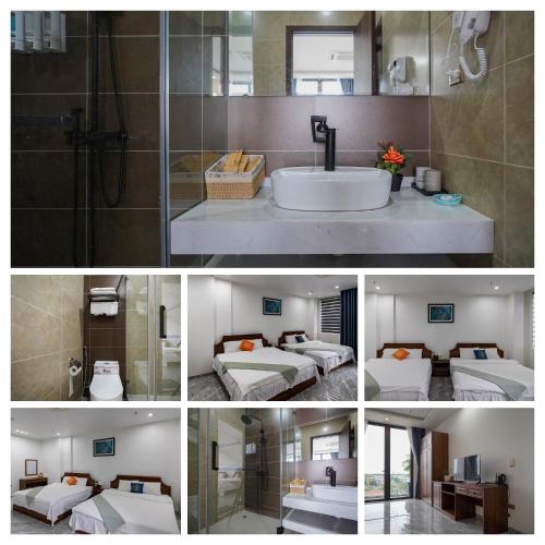 a collage of photos of a bathroom with beds and a shower at GOLDEN JOY HOTEL & APARTMENT in Hai Phong