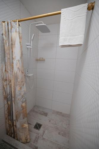 a bathroom with a shower with a shower curtain at Vila Skodupė 