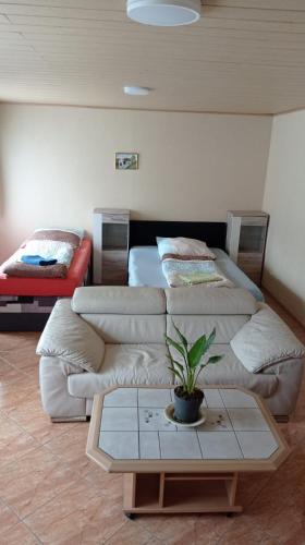 a living room with a couch and a coffee table at Gästewohnung Sommer Locktow, Hauptstraße 1 in Locktow