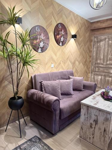 a living room with a purple couch and a table at Lume in Metsovo