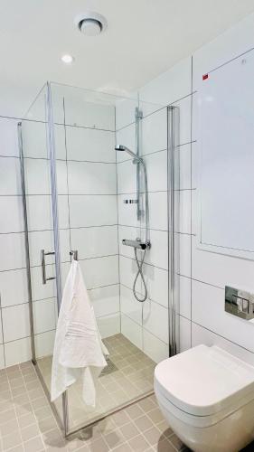 a bathroom with a shower and a toilet at Penthouse Apartment in Kristiansand