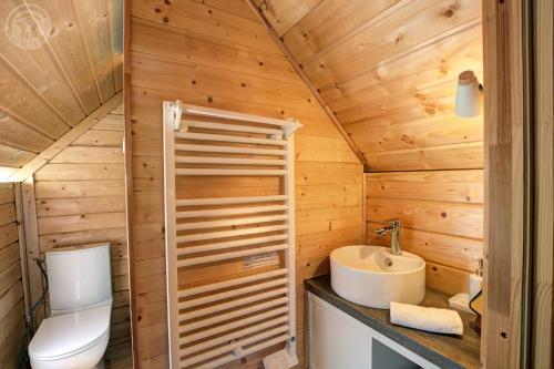 a bathroom with a toilet and a sink at Les Cabanes du Grand Nord in Pradines