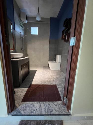 a bathroom with a sink and a toilet and a mirror at Ella Family House in Ella