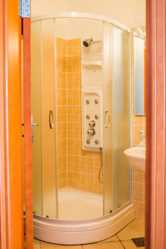 a shower with a glass door in a bathroom at Apartments Riverside in Herceg-Novi
