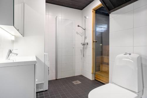 a bathroom with a shower and a toilet and a sink at Tunturihovi A in Äkäslompolo