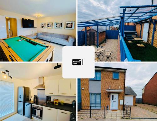 a collage of photos of a house with a pool table at Numero Uno Comfy 3BR 3 Baths Hot Tub wifi Contractor and Group Friendly in Newcastle upon Tyne