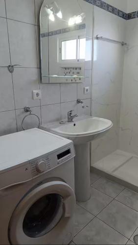 a bathroom with a washing machine and a sink at Cozy Private Apartment Calheta in Arco da Calheta