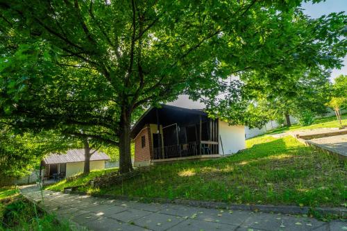 a house with a black roof and a tree at Комплекс Асеневци in Tsareva Livada