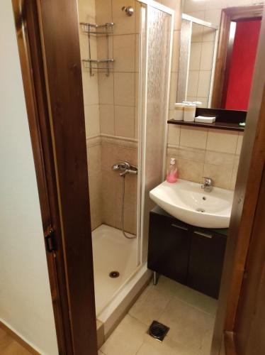 a bathroom with a shower and a sink at Villa Erotokritos in Palaios Agios Athanasios