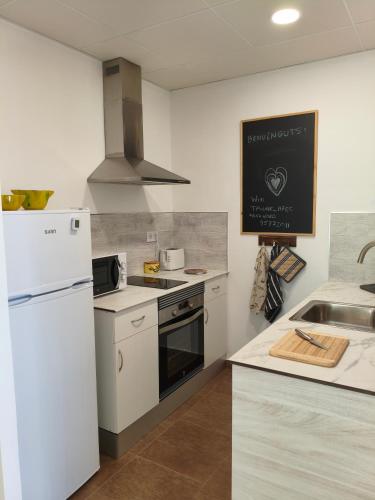 a kitchen with a white refrigerator and a sink at L'àtic dels flamencs in Sant Jaume d'Enveja