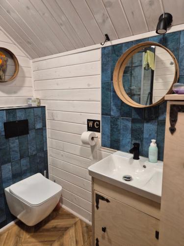 a bathroom with a toilet and a sink and a mirror at Beskidzka Czytelnia in Świątkowa Mała