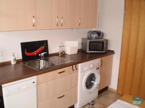 a kitchen with a sink and a washing machine at Holiday Home Niederehe Romantic Escape in Niederehe