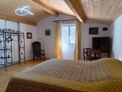 a bedroom with a bed and a desk and a window at "Le Mas" Les jardins de Tourneige in Maraussan