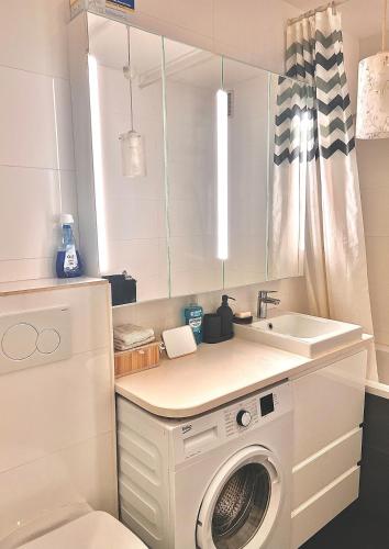 un bagno con lavatrice e lavandino di Chic studio with balcony! a Clamart