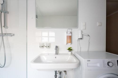 a bathroom with a sink and a washing machine at Vienna Stay Apartments Schönbrunn in Vienna