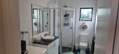 a bathroom with a toilet and a sink and a shower at Warren Retreat - cozy and tranquil 2 brm home in Nannup