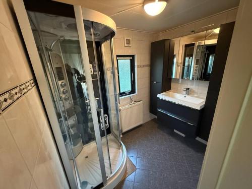a bathroom with a shower and a sink at BlackPearl Chalet Hattemerbroek in Hattemerbroek