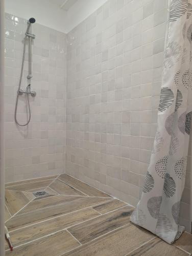 a bathroom with a shower with white tiles at Cabanon La Ruine in Draguignan