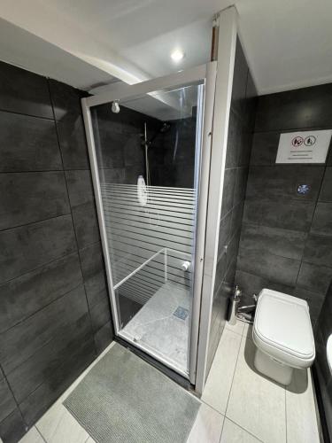 a bathroom with a shower and a toilet at Studio individuel in Dilbeek