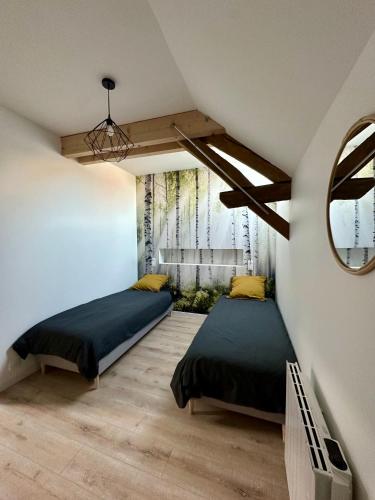 two beds in a small room with a mirror at La petite Madeleine de Chavignol in Sancerre