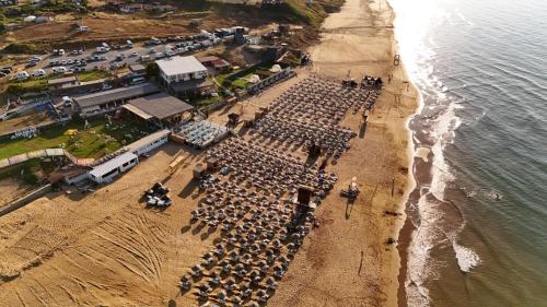 an aerial view of a beach with a group of people on horses at Goga Otel in Sarıyer