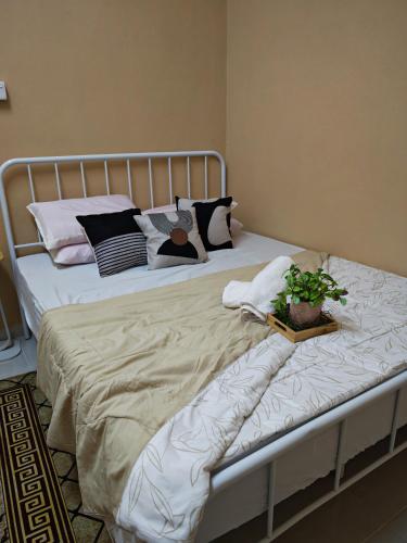 a bed with pillows and a plant on it at GreenAcres Cottage in Pasir Puteh