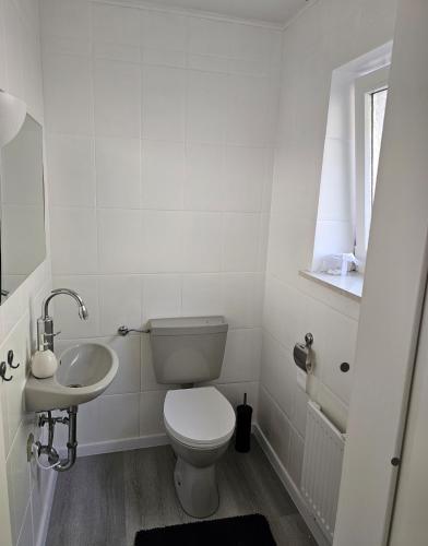 a white bathroom with a toilet and a sink at Haus an der Weser Ferienwohnung in Brevörde