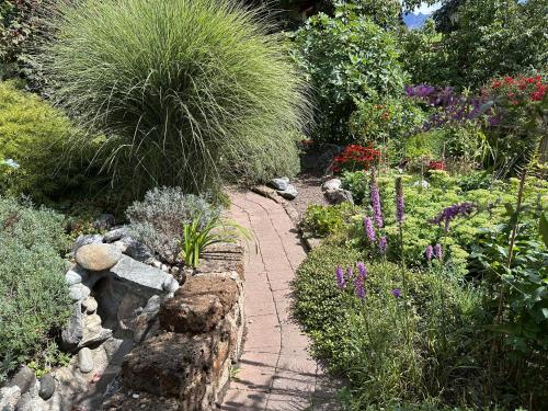 a garden with a stone path and flowers and plants at Apart Annelies in Kauns