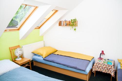 a bedroom with two beds and two windows at Turisticka ubytovna Cakle in Ústí nad Orlicí